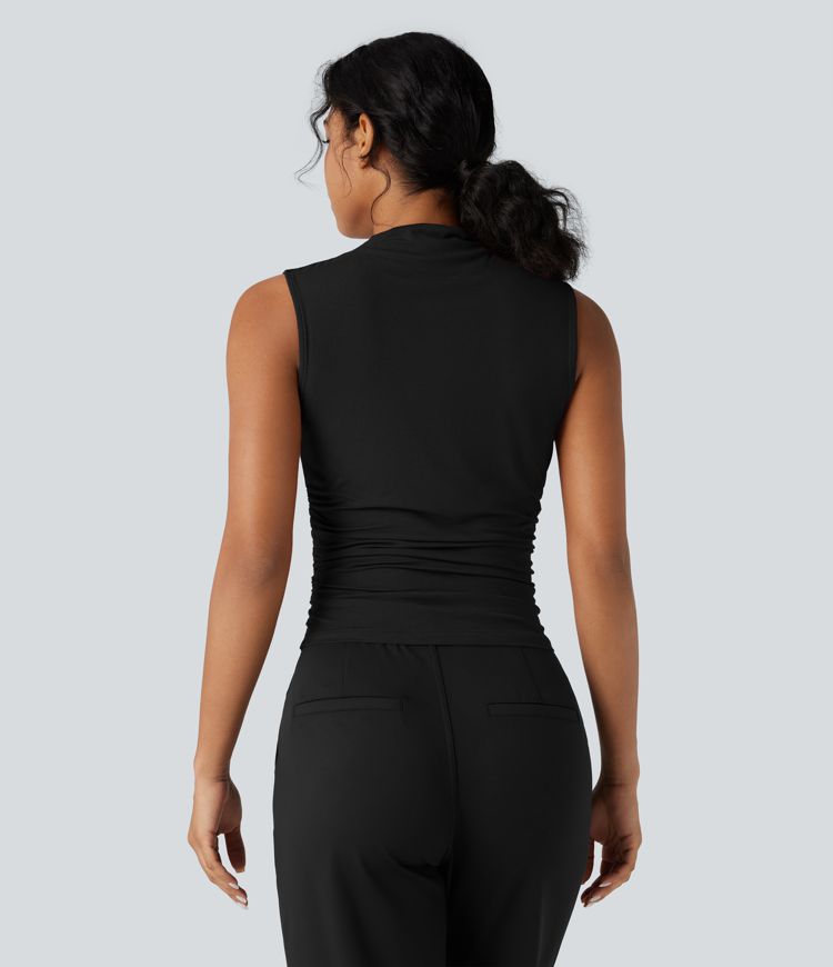 Mock-neck Sleeveless Ruched Work Top