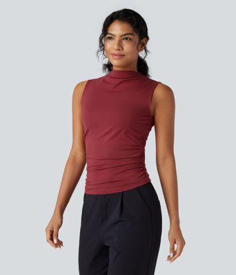 Mock-neck Sleeveless Ruched Work Top