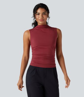 Mock-neck Sleeveless Ruched Work Top