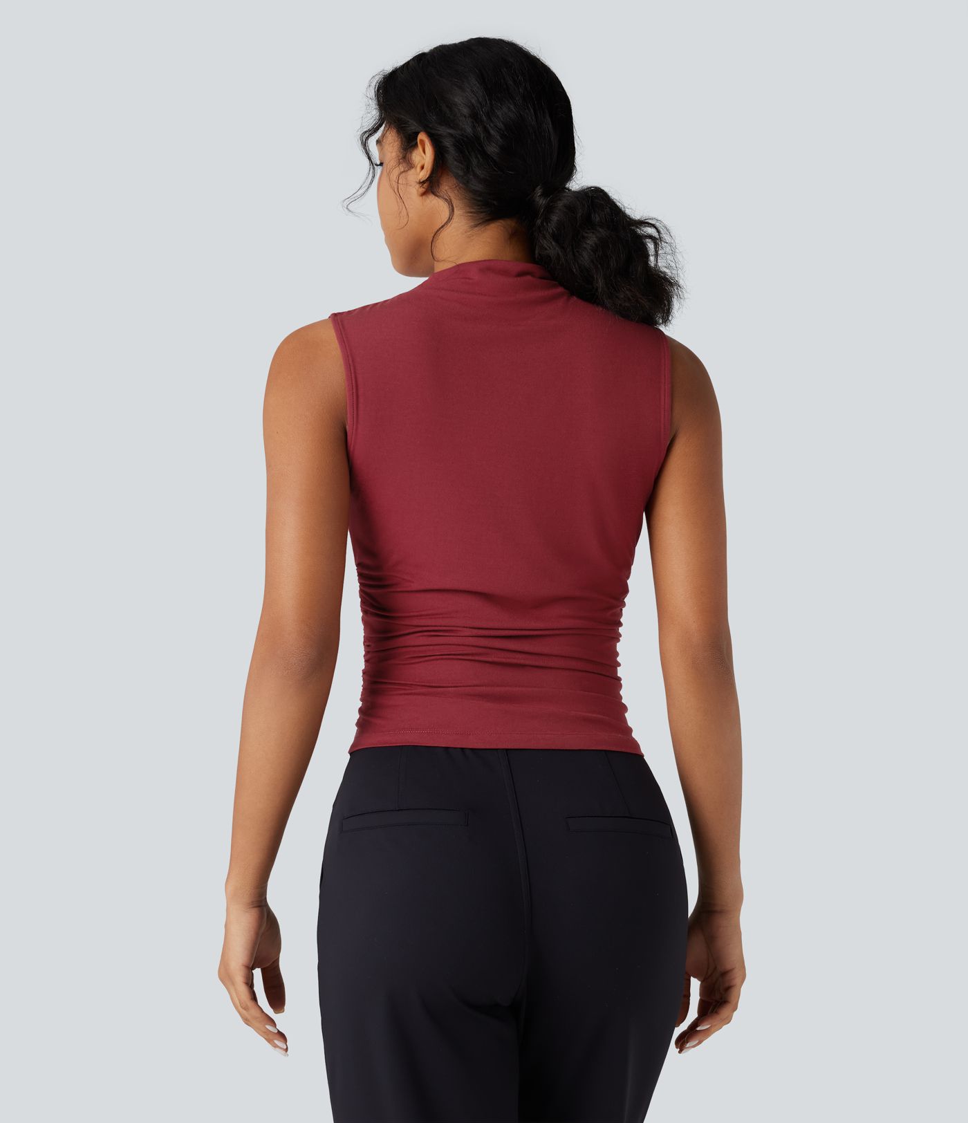 Mock-neck Sleeveless Ruched Work Top