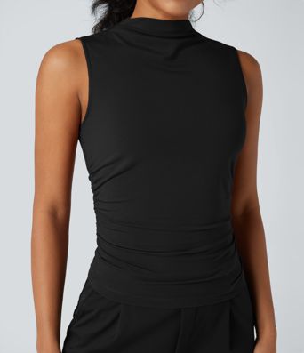 Mock-neck Sleeveless Ruched Work Top