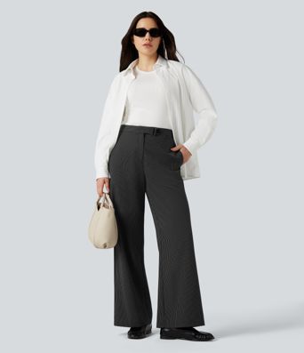 Röndóttar vinnubuxur með háum mitti, beinum fótum og vösum