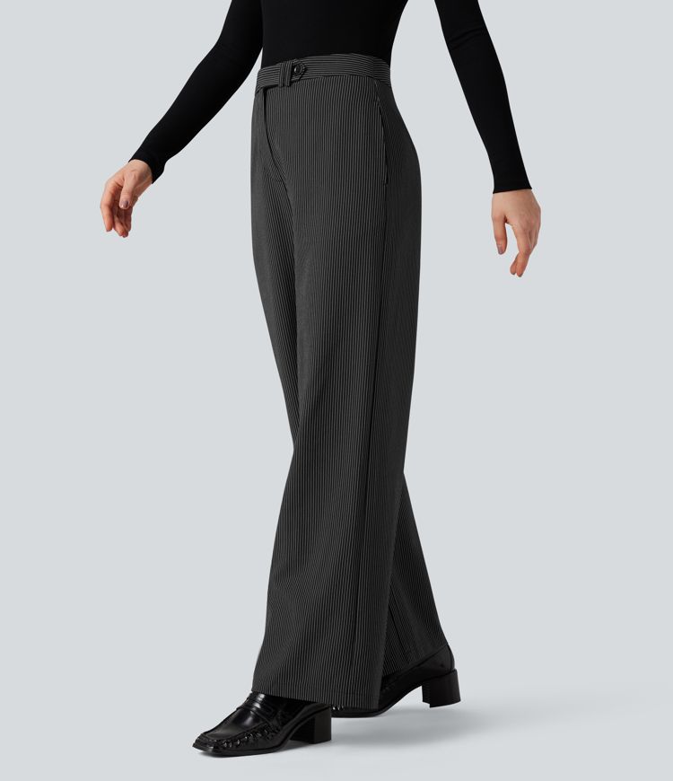 Röndóttar vinnubuxur með háum mitti, beinum fótum og vösum