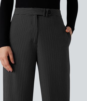 Röndóttar vinnubuxur með háum mitti, beinum fótum og vösum