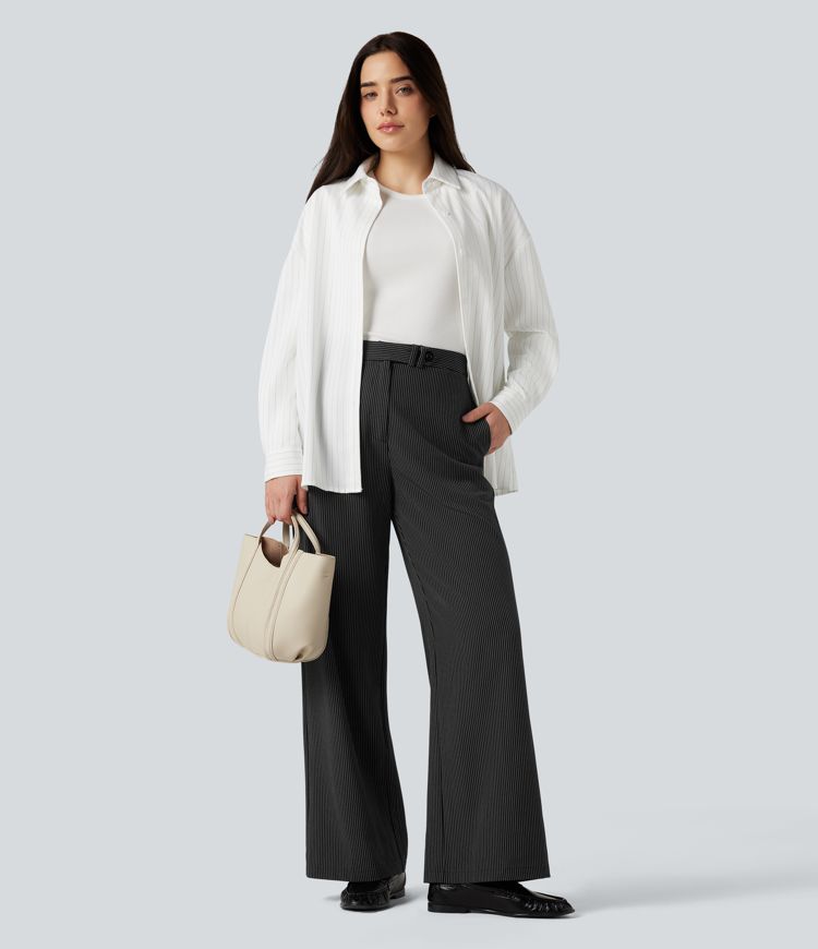 Röndóttar vinnubuxur með háum mitti, beinum fótum og vösum