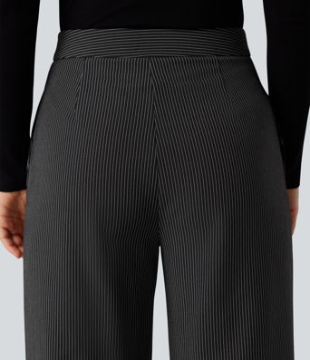 Röndóttar vinnubuxur með háum mitti, beinum fótum og vösum