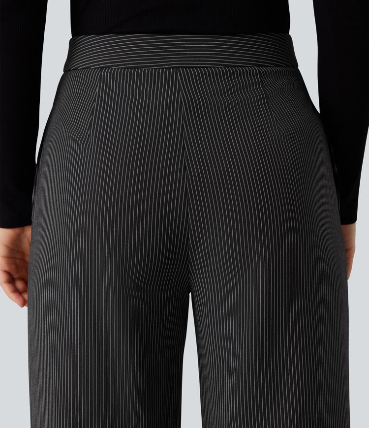 Röndóttar vinnubuxur með háum mitti, beinum fótum og vösum