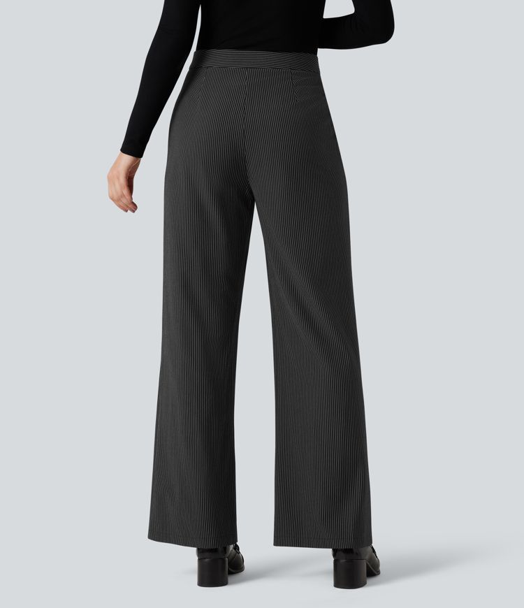 Röndóttar vinnubuxur með háum mitti, beinum fótum og vösum