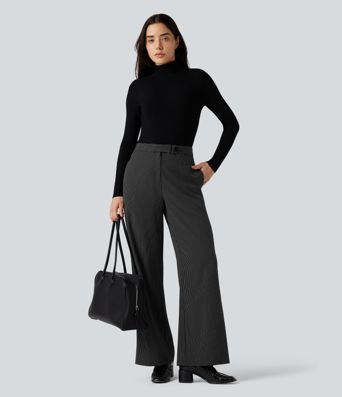 Röndóttar vinnubuxur með háum mitti, beinum fótum og vösum