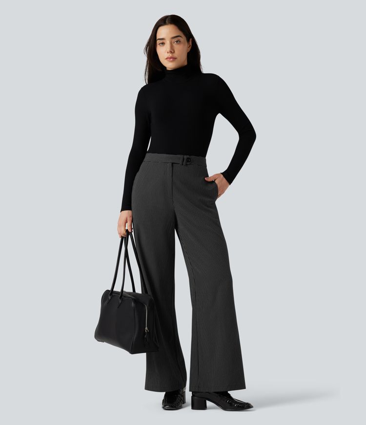 Röndóttar vinnubuxur með háum mitti, beinum fótum og vösum