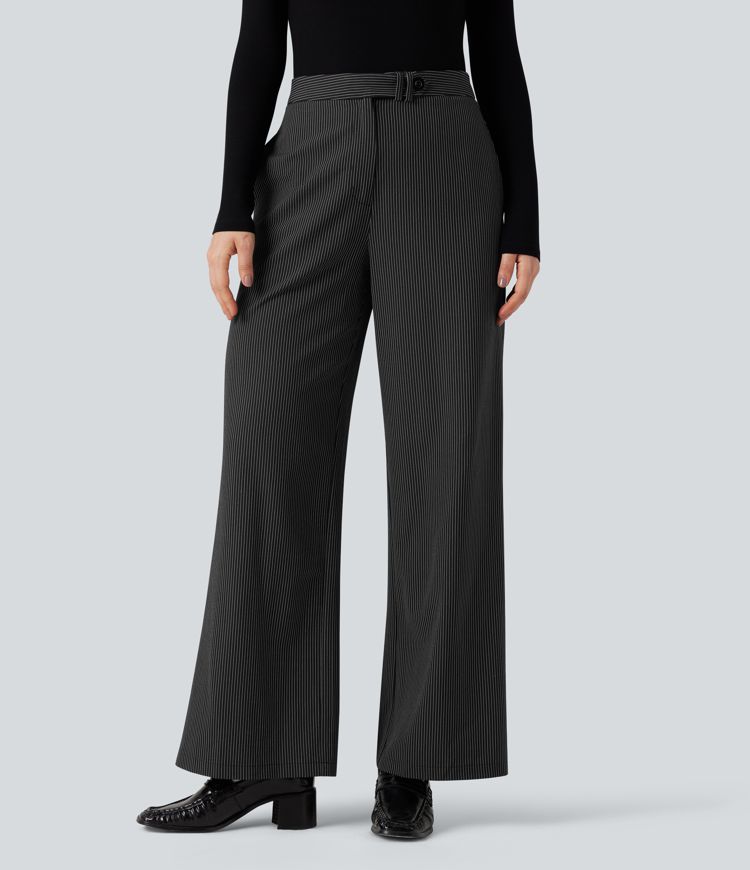 High Waisted Straight Leg Stripe Work Pants with Pockets