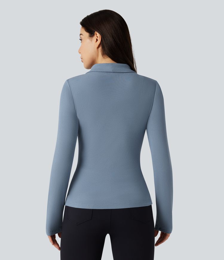 Ribbed Knit V-neck Crossover Long Sleeve Work Top