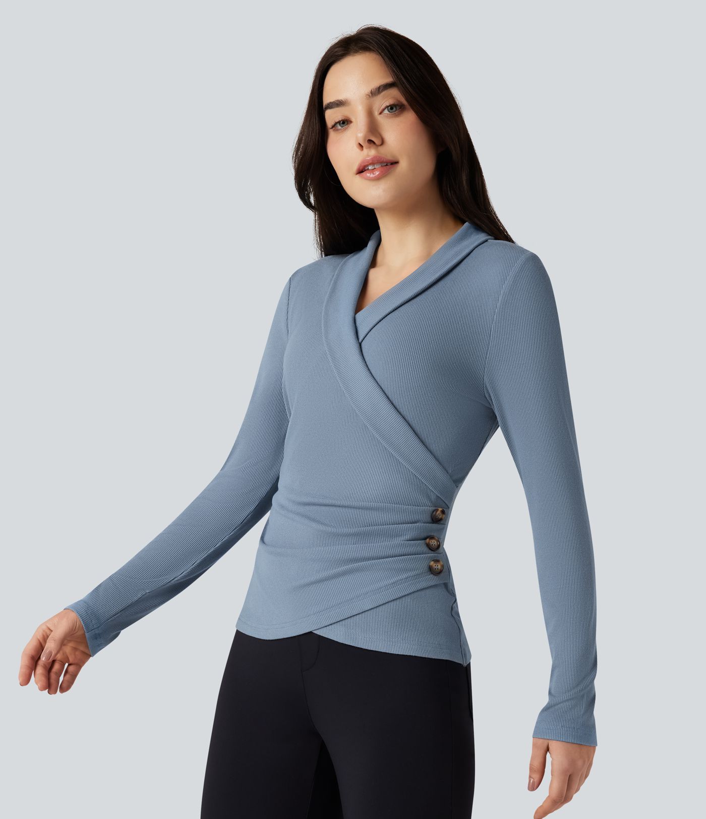 Ribbed Knit V-neck Crossover Long Sleeve Work Top