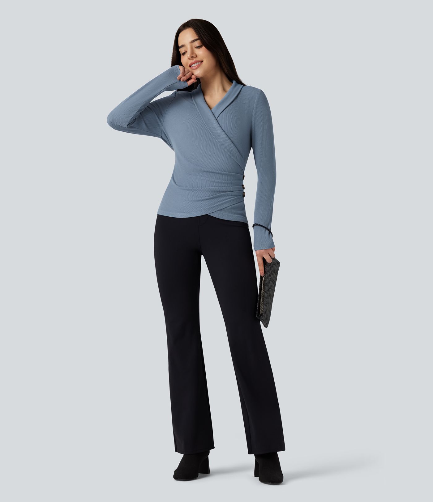 Ribbed Knit V-neck Crossover Long Sleeve Work Top