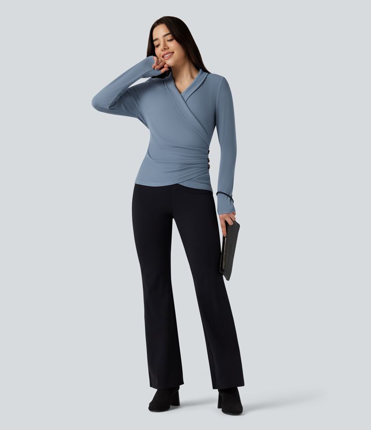 Ribbed Knit V-neck Crossover Long Sleeve Work Top