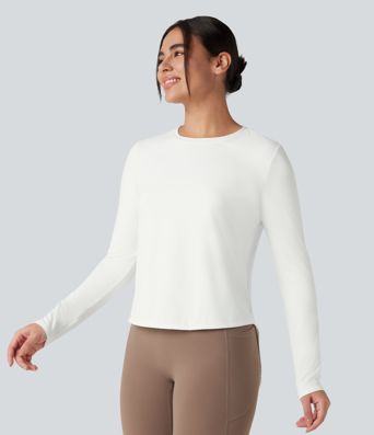 Round Neck Long Sleeve Contrast Mesh Tie Back Running Sports Top