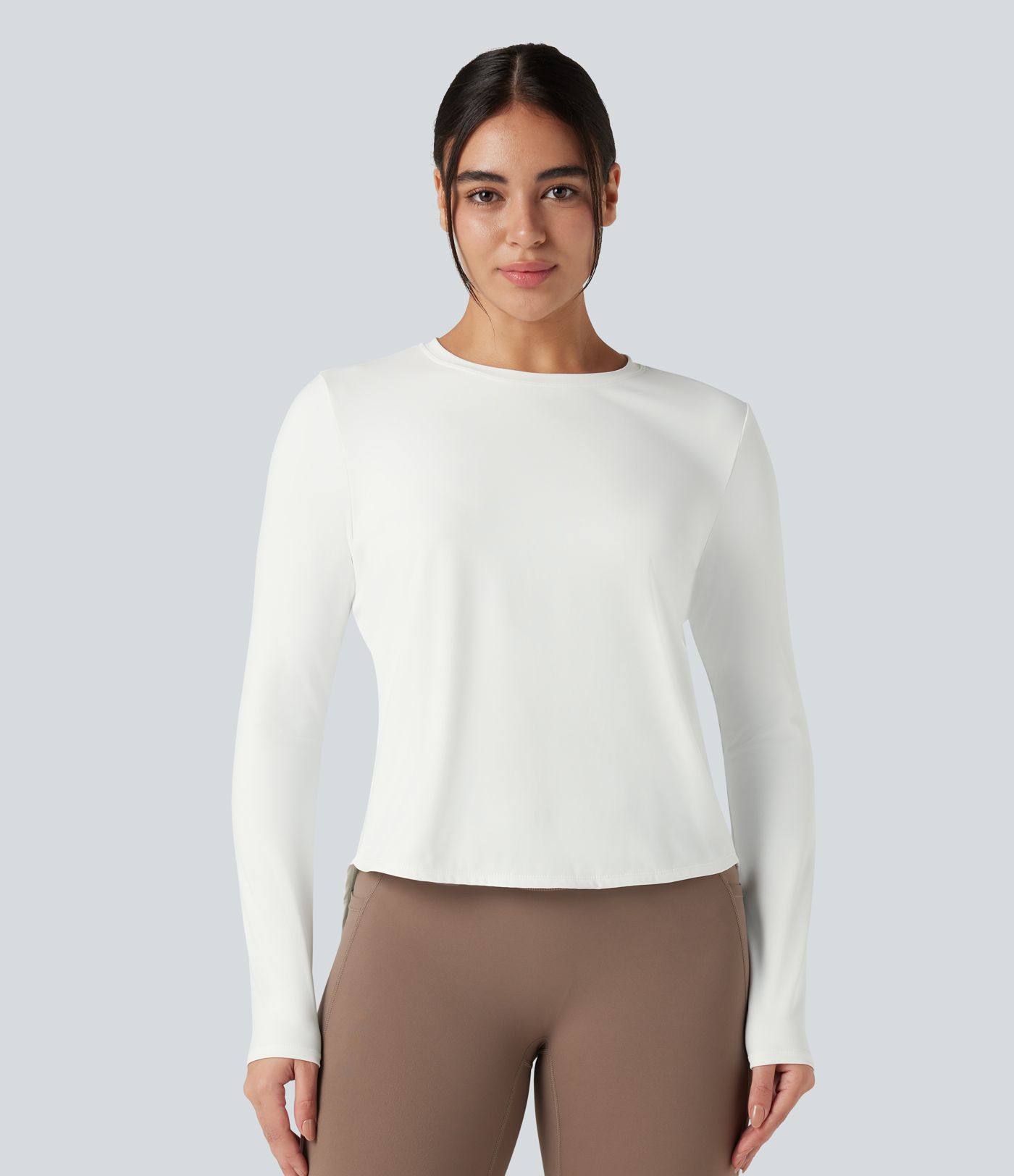 Round Neck Long Sleeve Contrast Mesh Tie Back Running Sports Top