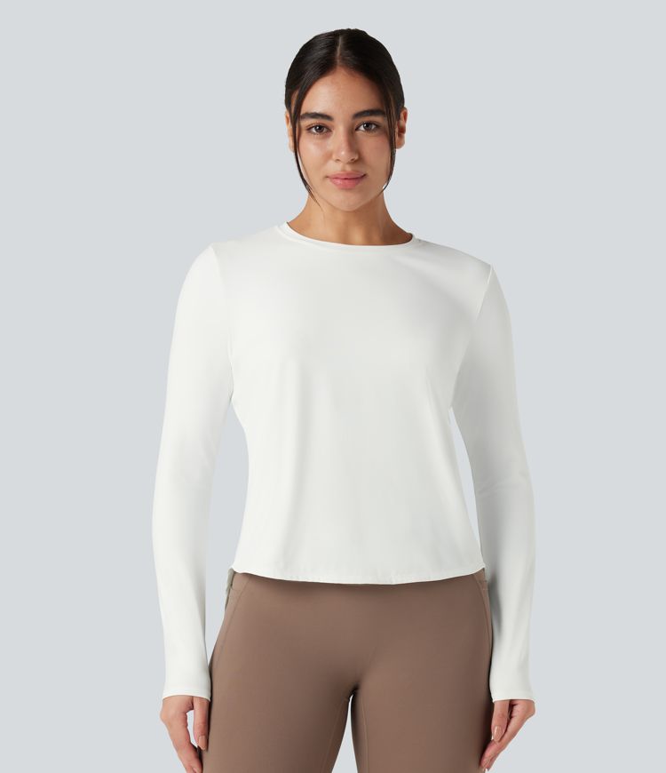 Round Neck Long Sleeve Contrast Mesh Tie Back Running Sports Top