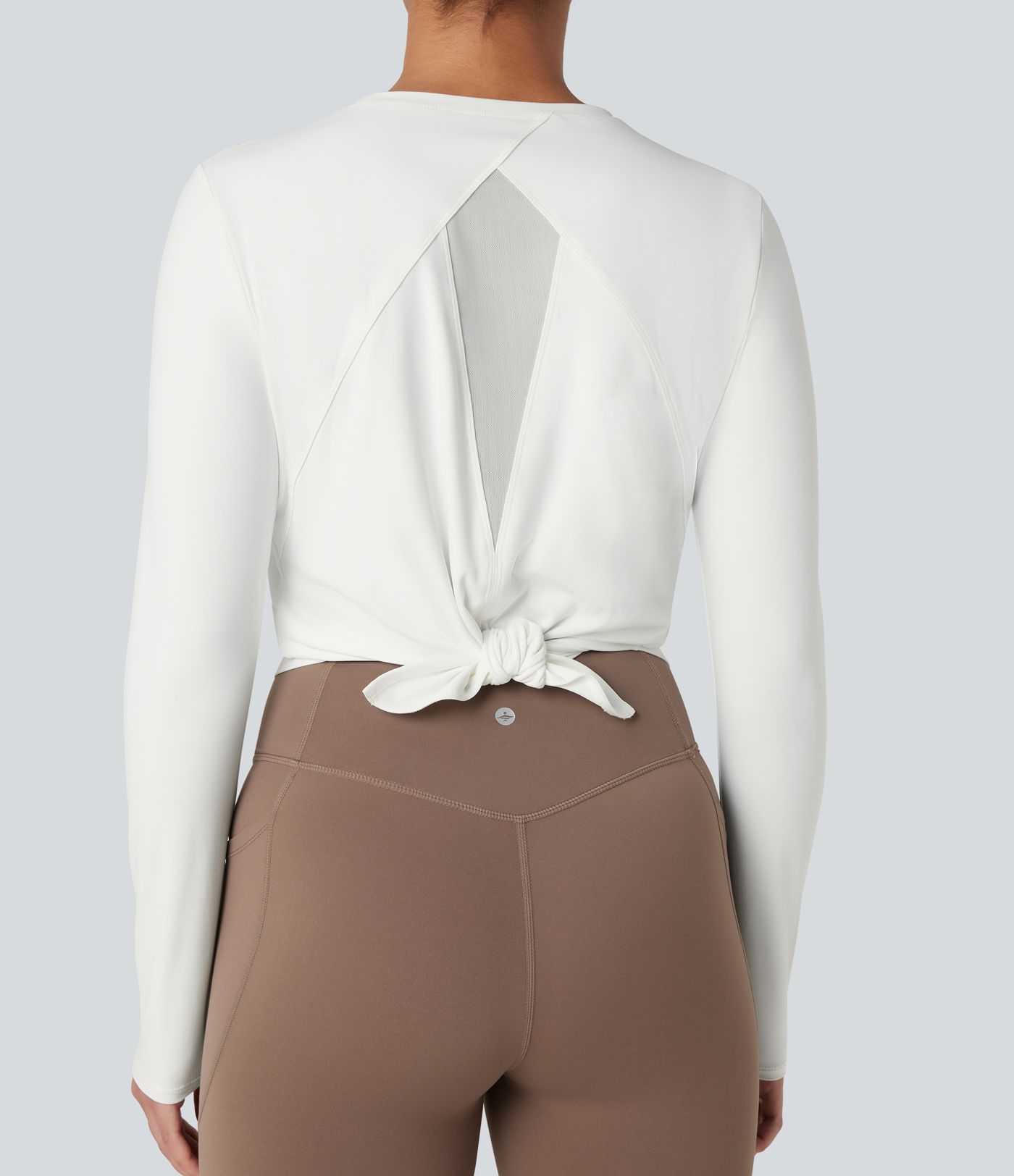 Round Neck Long Sleeve Contrast Mesh Tie Back Running Sports Top