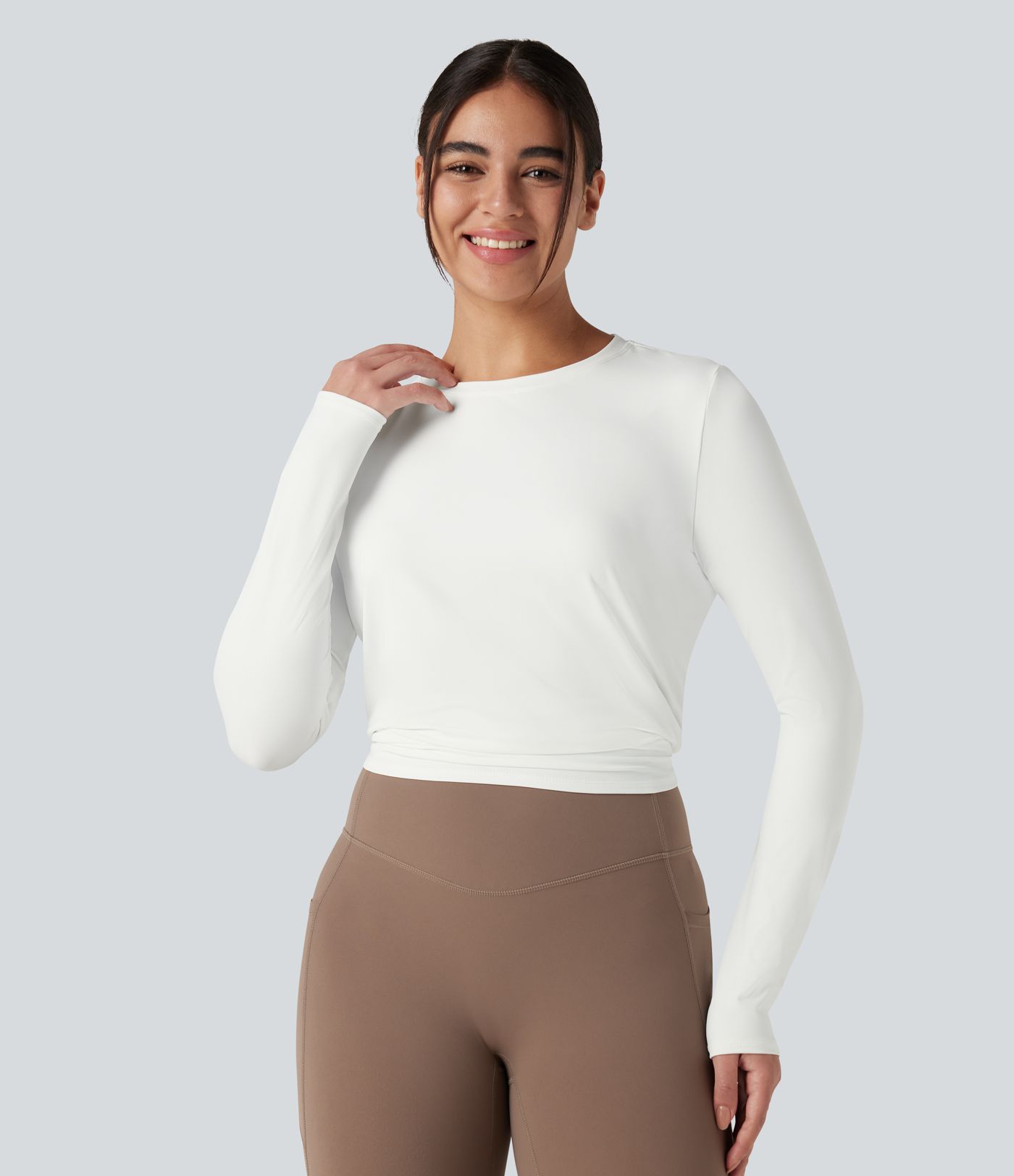 Round Neck Long Sleeve Contrast Mesh Tie Back Running Sports Top