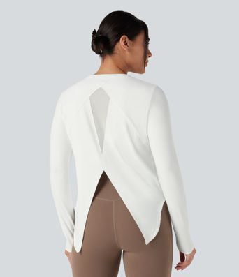 Round Neck Long Sleeve Contrast Mesh Tie Back Running Sports Top