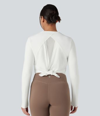 Round Neck Long Sleeve Contrast Mesh Tie Back Running Sports Top