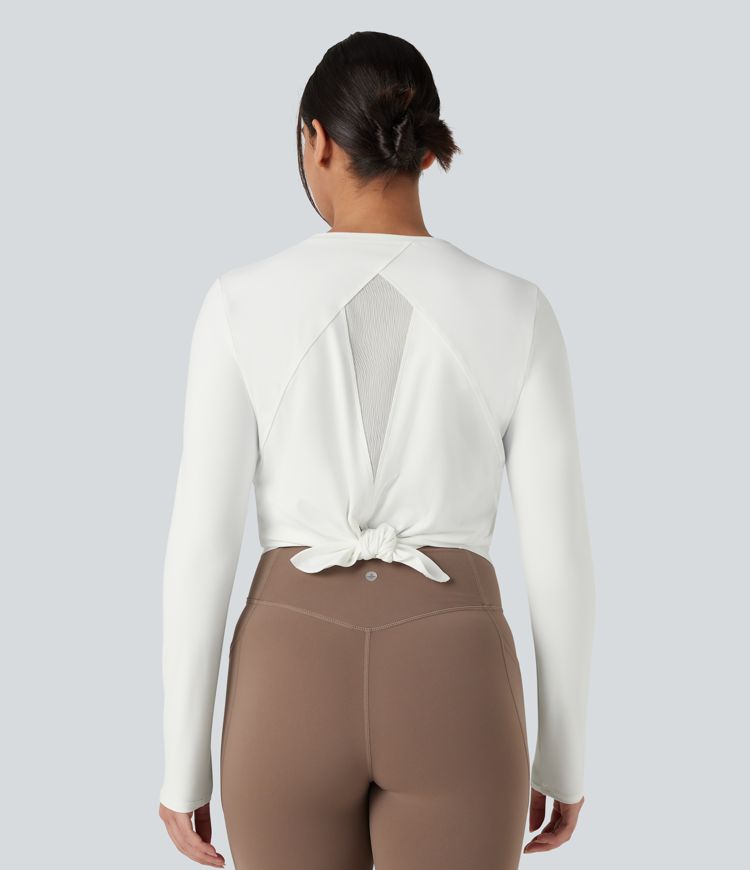 Round Neck Long Sleeve Contrast Mesh Tie Back Running Sports Top