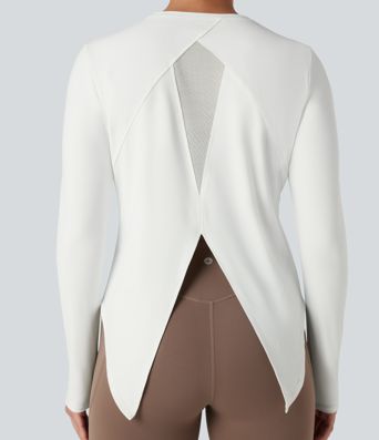 Round Neck Long Sleeve Contrast Mesh Tie Back Running Sports Top