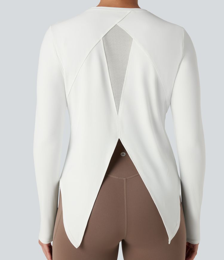 Round Neck Long Sleeve Contrast Mesh Tie Back Running Sports Top