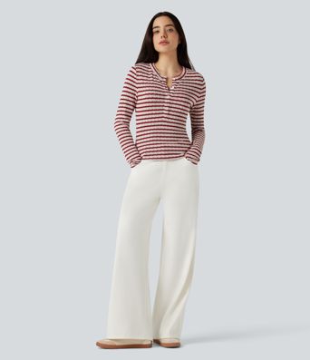 Camiseta casual de rayas con cuello Henley, mangas largas y abertura para el pulgar