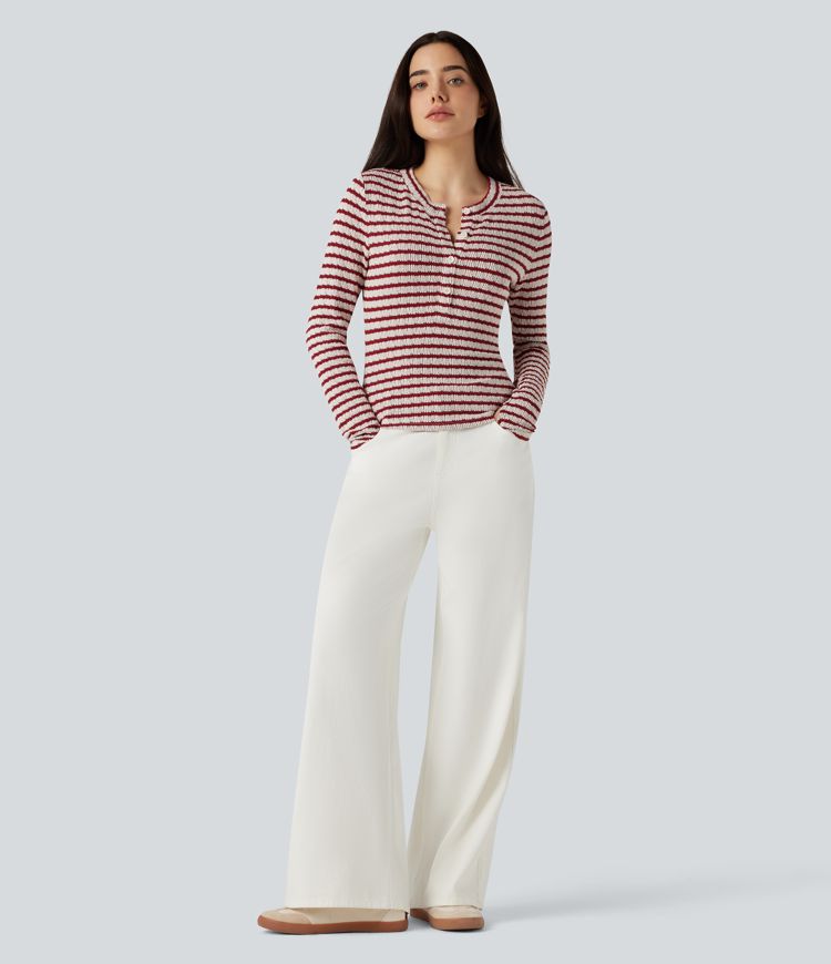 Camiseta casual de rayas con cuello Henley, mangas largas y abertura para el pulgar