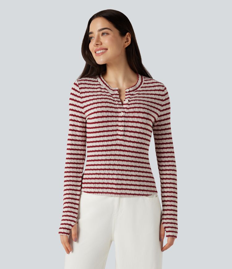 Henley Neck Long Sleeve Thumb Hole Stripe Casual T-Shirt