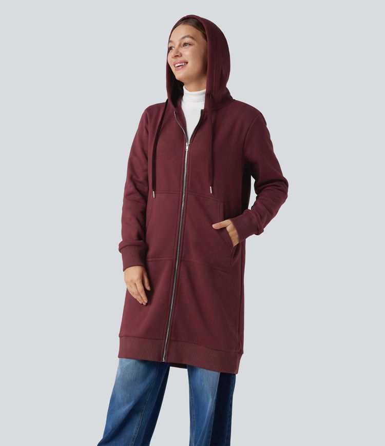 Hooded Zip Fly Fleece Casual Longline Sweatshirt with Pockets