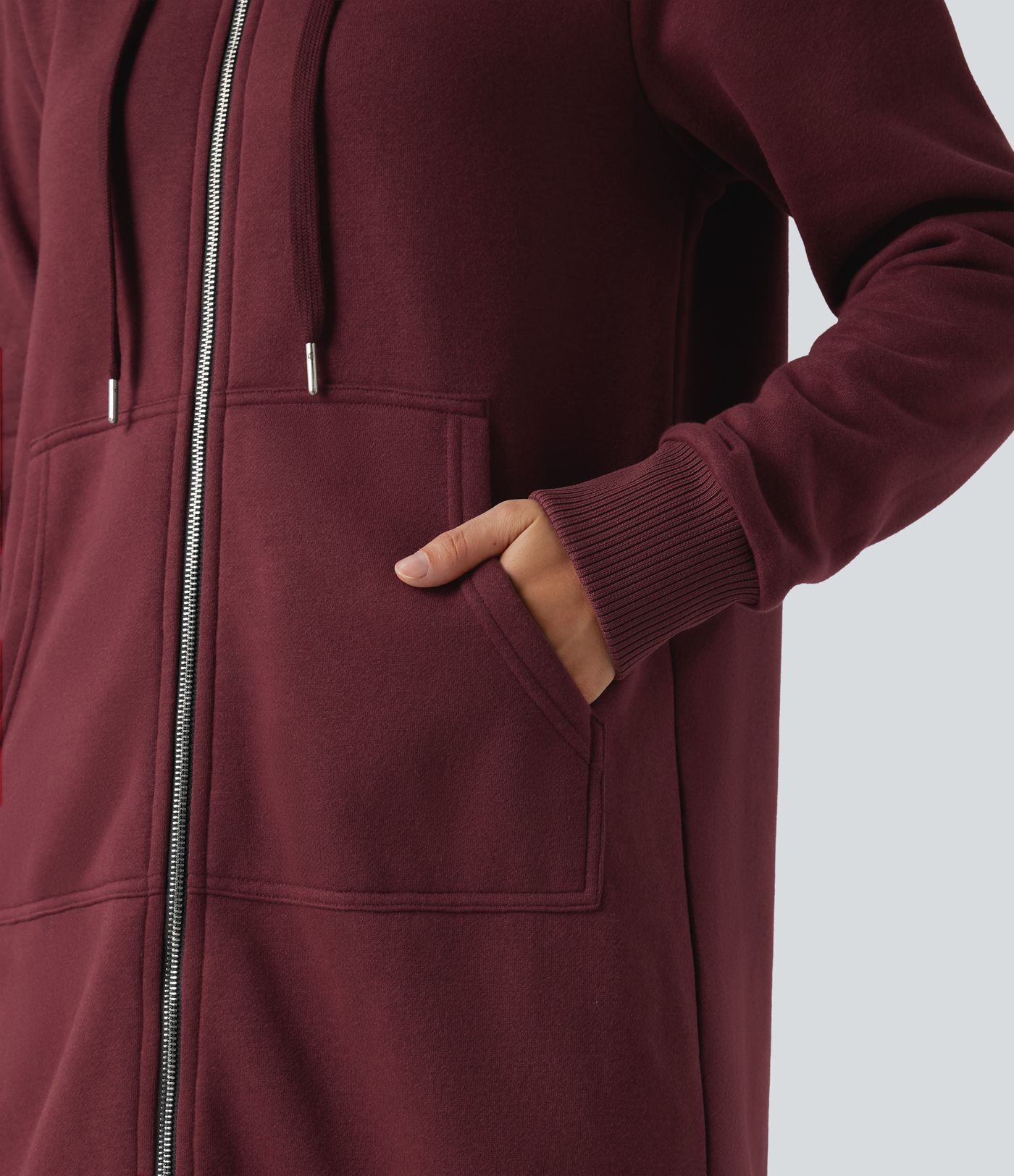 Hooded Zip Fly Fleece Casual Longline Sweatshirt with Pockets