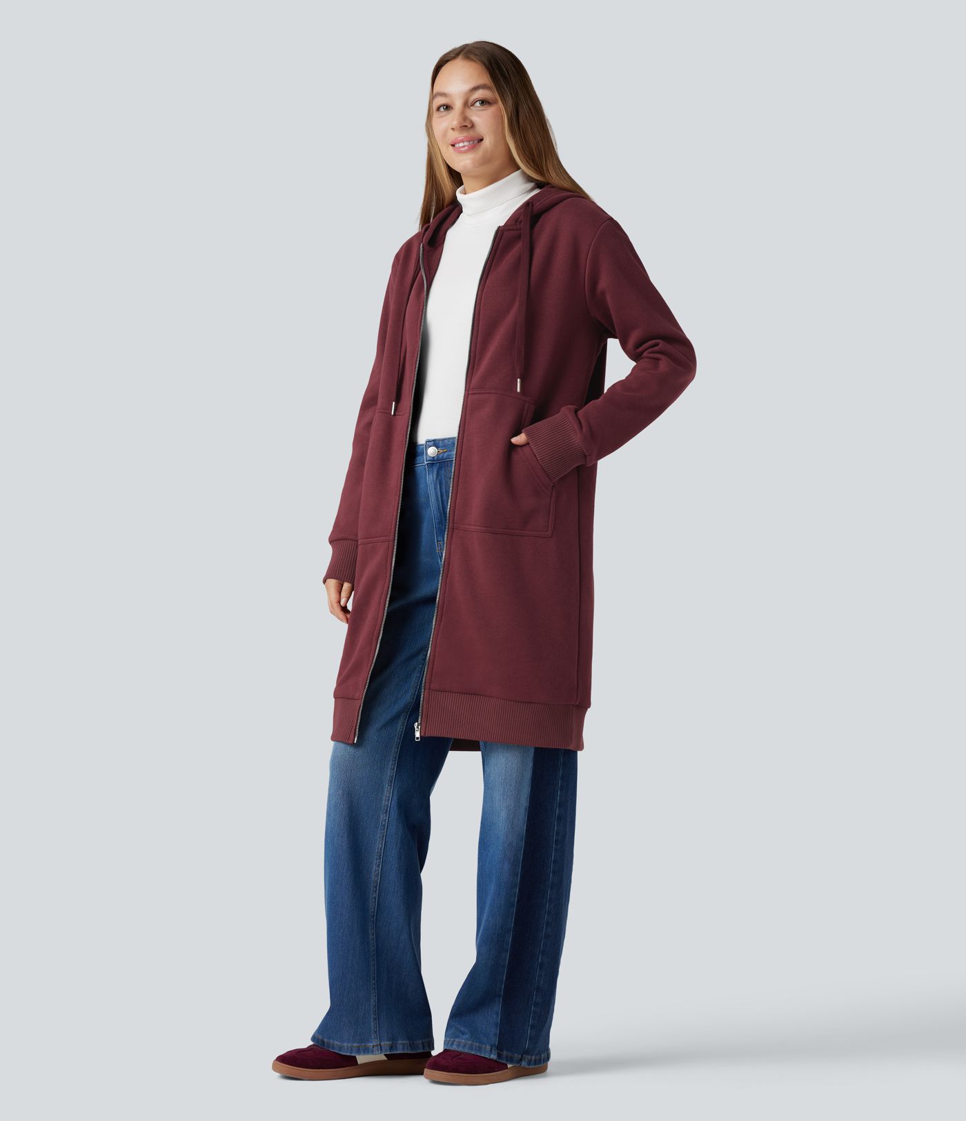 Hooded Zip Fly Fleece Casual Longline Sweatshirt with Pockets