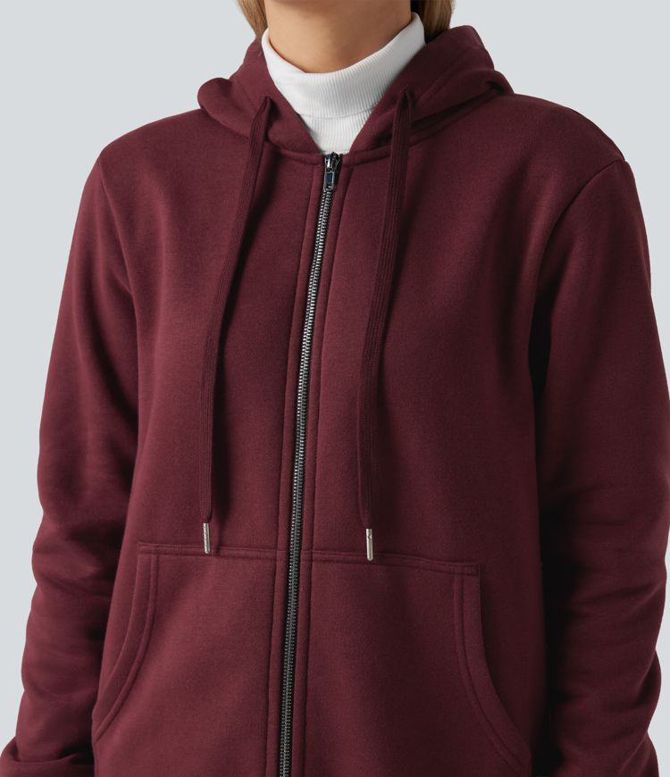 Hooded Zip Fly Fleece Casual Longline Sweatshirt with Pockets