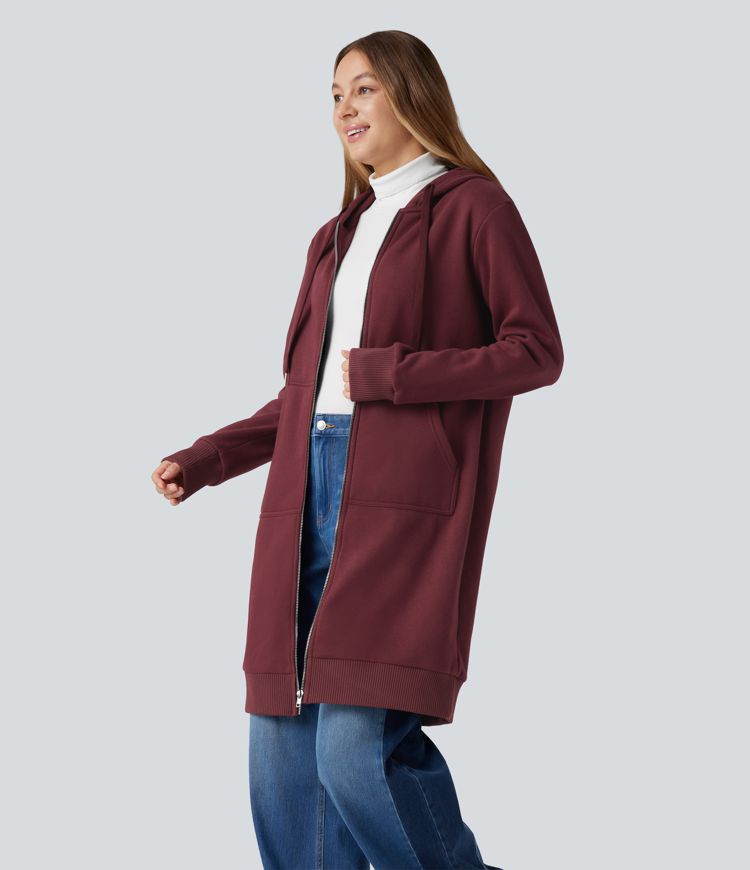 Hooded Zip Fly Fleece Casual Longline Sweatshirt with Pockets