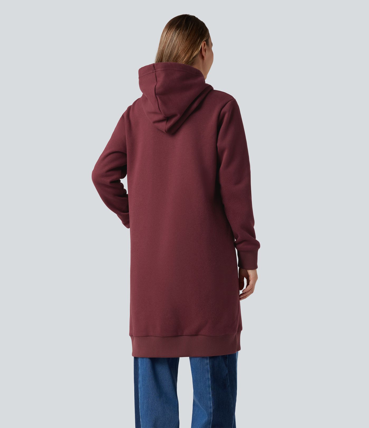 Hooded Zip Fly Fleece Casual Longline Sweatshirt with Pockets