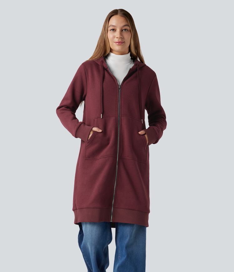 Hooded Zip Fly Fleece Casual Longline Sweatshirt with Pockets