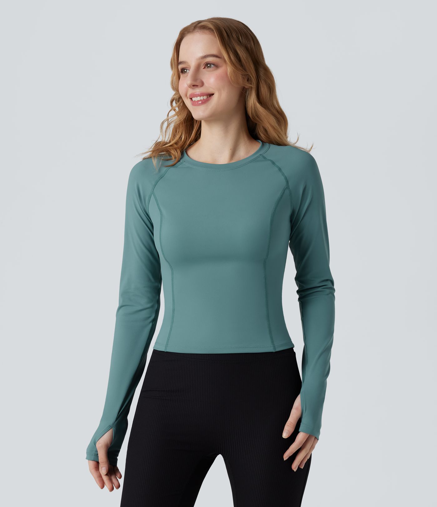 Softlyzero™ Airy - Yoga-Sport-Top mit Rundhalsausschnitt, langen Ärmeln, Daumenlöchern, kontrastierendem Netzstoff und Cool-Touch - UPF50+