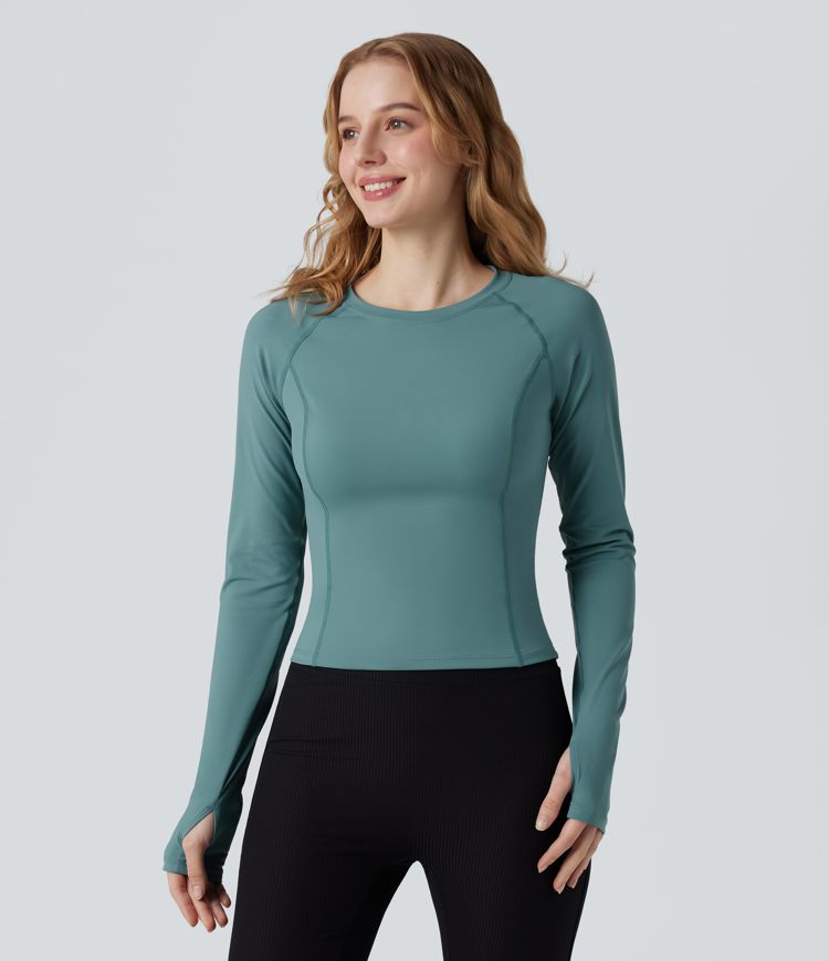 SoftlyZero™ Airy Round Neck Long Sleeve Thumb Hole Contrast Mesh Cool Touch Yoga Sports Top-UPF50+
