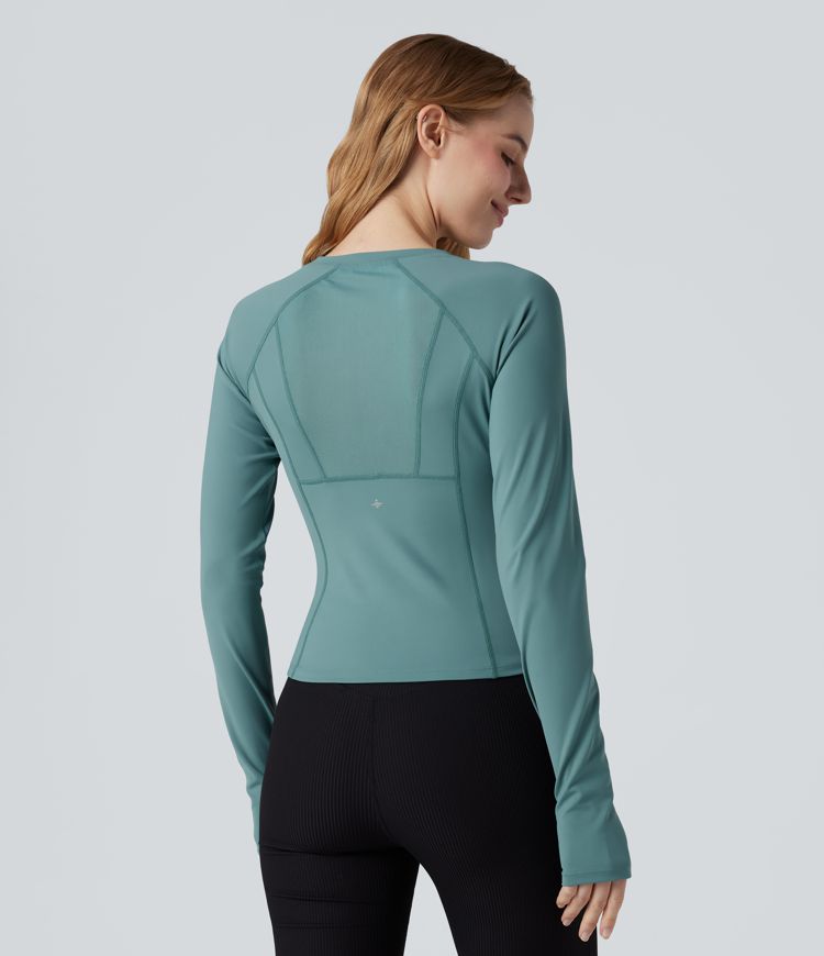 Softlyzero™ Airy - Yoga-Sport-Top mit Rundhalsausschnitt, langen Ärmeln, Daumenlöchern, kontrastierendem Netzstoff und Cool-Touch - UPF50+