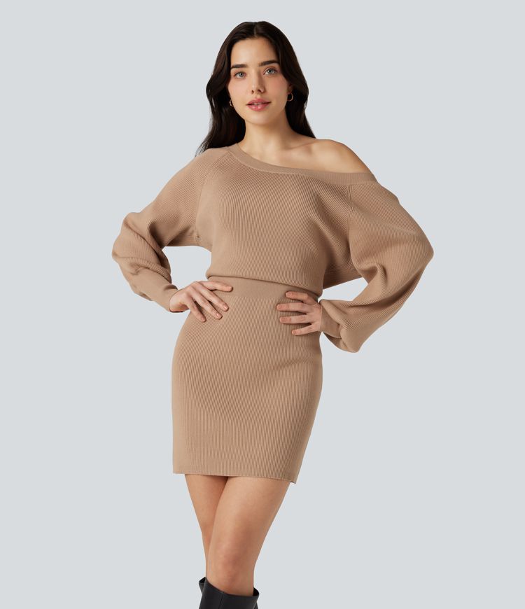 Boat Neck Long Sleeve Bodycon Mini Work Sweater Dress