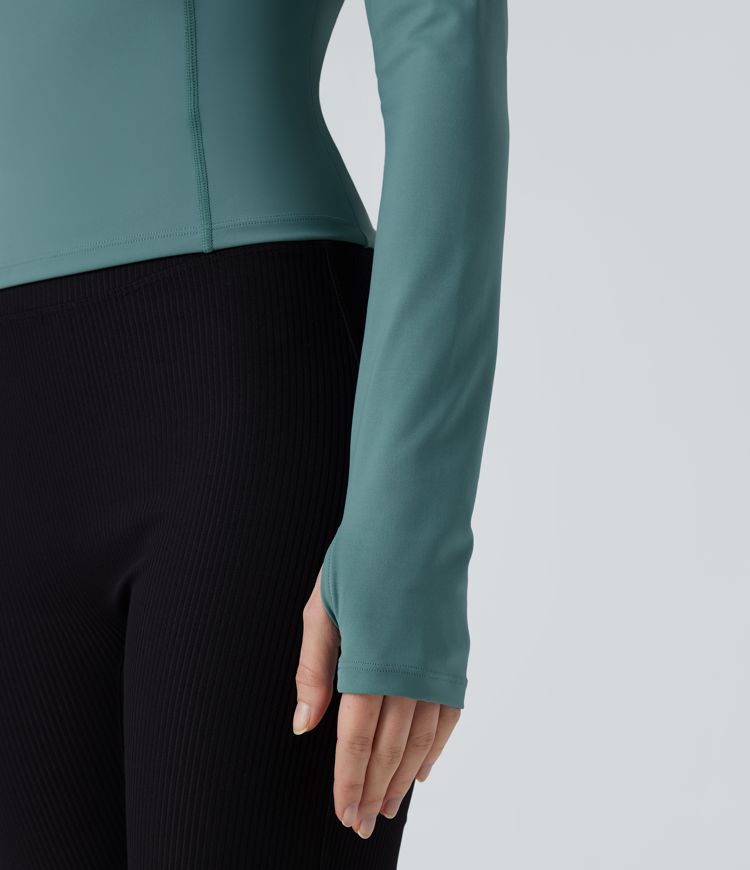 Softlyzero™ Airy - Yoga-Sport-Top mit Rundhalsausschnitt, langen Ärmeln, Daumenlöchern, kontrastierendem Netzstoff und Cool-Touch - UPF50+