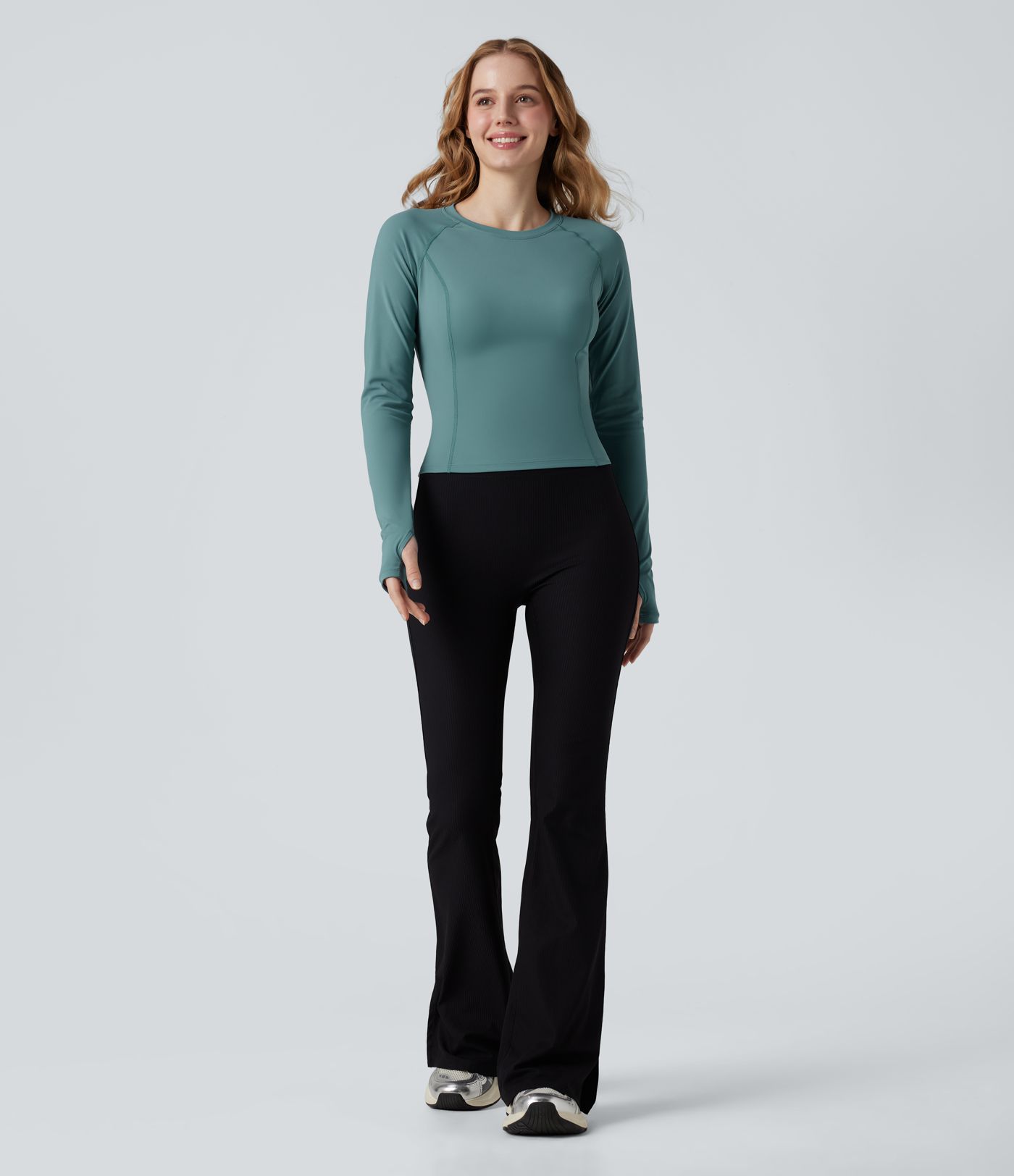 Softlyzero™ Airy - Yoga-Sport-Top mit Rundhalsausschnitt, langen Ärmeln, Daumenlöchern, kontrastierendem Netzstoff und Cool-Touch - UPF50+