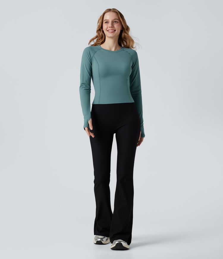 Softlyzero™ Airy - Yoga-Sport-Top mit Rundhalsausschnitt, langen Ärmeln, Daumenlöchern, kontrastierendem Netzstoff und Cool-Touch - UPF50+