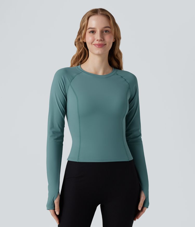 Softlyzero™ Airy - Yoga-Sport-Top mit Rundhalsausschnitt, langen Ärmeln, Daumenlöchern, kontrastierendem Netzstoff und Cool-Touch - UPF50+