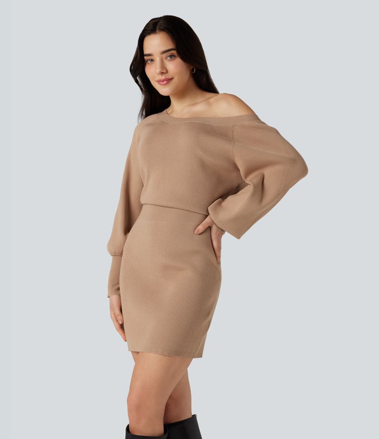 Boat Neck Long Sleeve Bodycon Mini Work Jumper Dress
