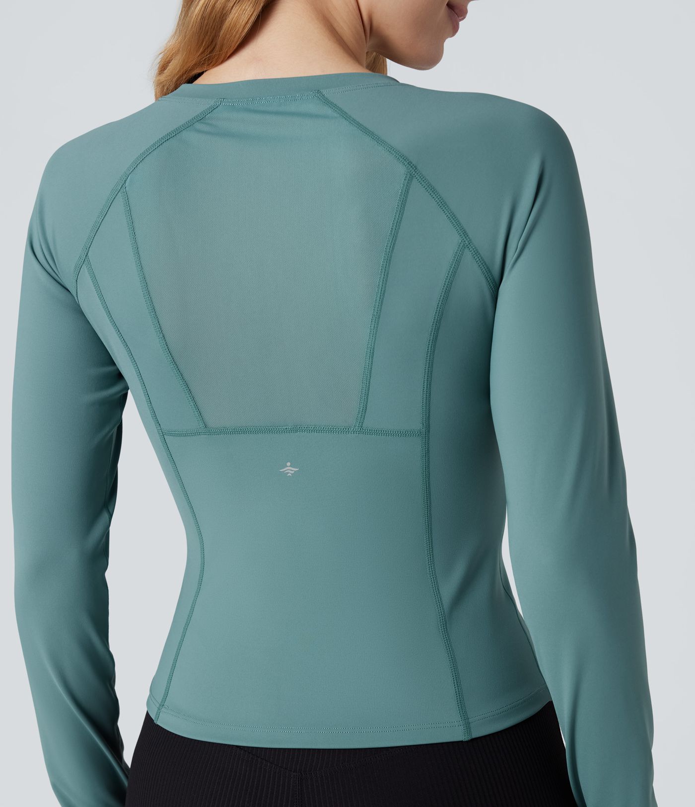 Softlyzero™ Airy - Yoga-Sport-Top mit Rundhalsausschnitt, langen Ärmeln, Daumenlöchern, kontrastierendem Netzstoff und Cool-Touch - UPF50+