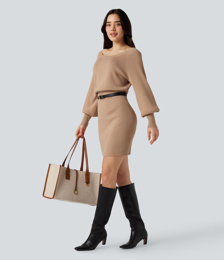 Boat Neck Long Sleeve Bodycon Mini Work Jumper Dress